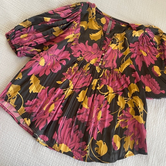 Anthropologie floral draped blouse size small puff sleeves - Picture 6 of 11